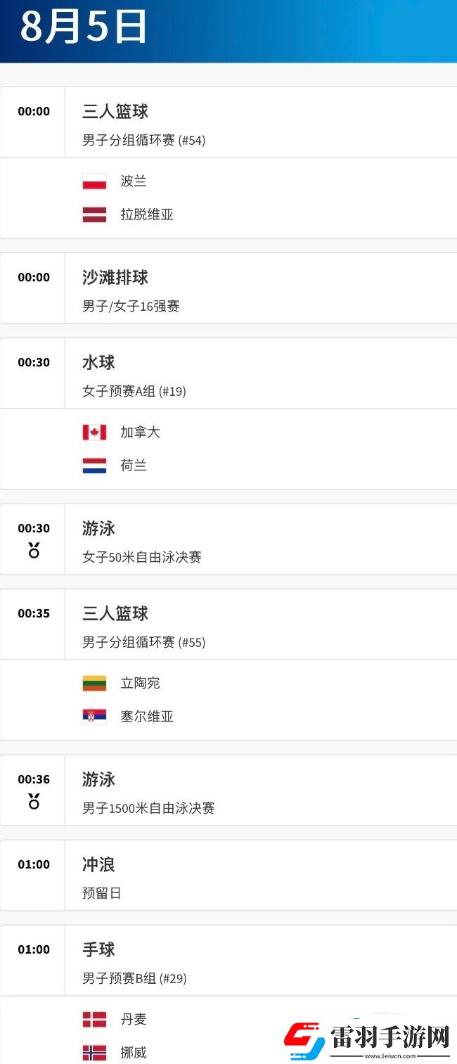 巴黎奧運會8月5日賽程都有哪些賽程